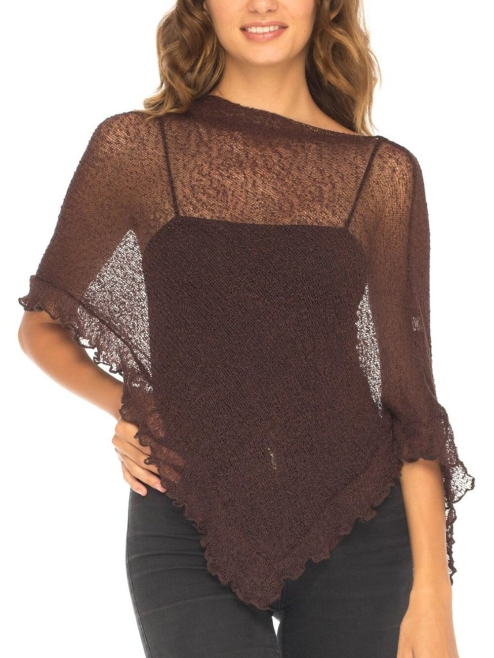 Womens Sheer Knit Ruffle Poncho Shrug Lightweight Cover Up
